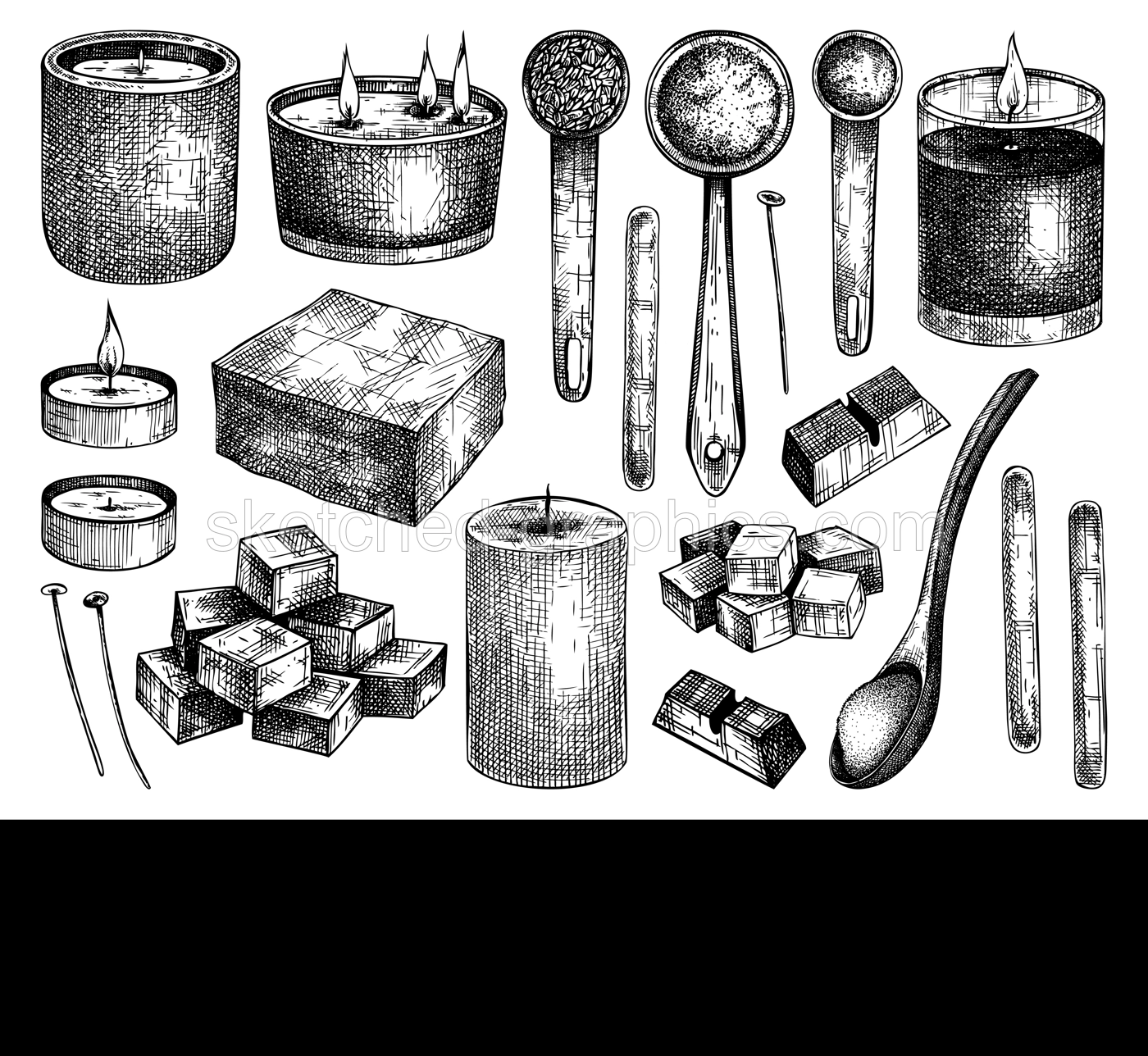 Hand-sketched aromatic candles ingredients collection. Vector illustrations of candles, wax, fragrance, color, and skewers. Natural materials for aromatherapy, hobby, handcrafts, candle making. Illustration